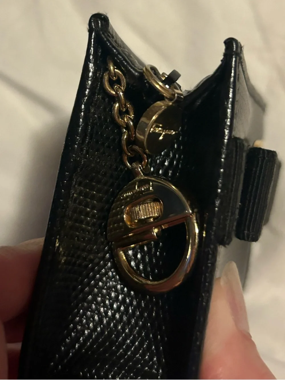 Salvatore Ferragamo Black Lizard-Embossed Vara Bow Keyring Wallet